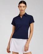 Blue womens polo shirt front view 