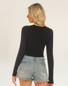 Black Cropped Henley | Long-Sleeve V-Neck Shirt