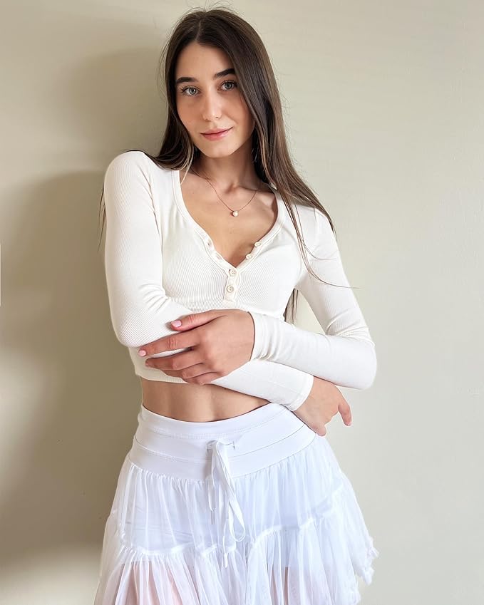Ivory Cropped Henley | Long-Sleeve V-Neck Shirt