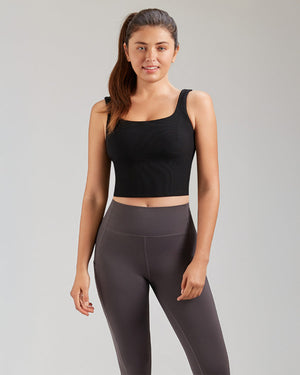 ★PLAGE_seoul★ Textured Square Longline Top _Black Womens Black Longline Tank Top | Square Neck Yoga & Lounge
