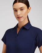 Blue womens polo shirt front view detail