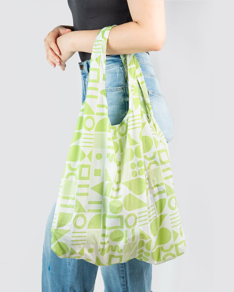 Green Geometry Grocery tote bags side view