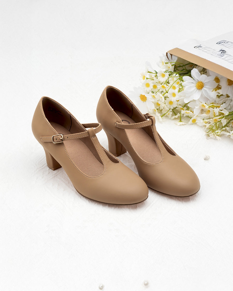 Tan T-Strap Character Shoes with 2.5" Heel - View 4