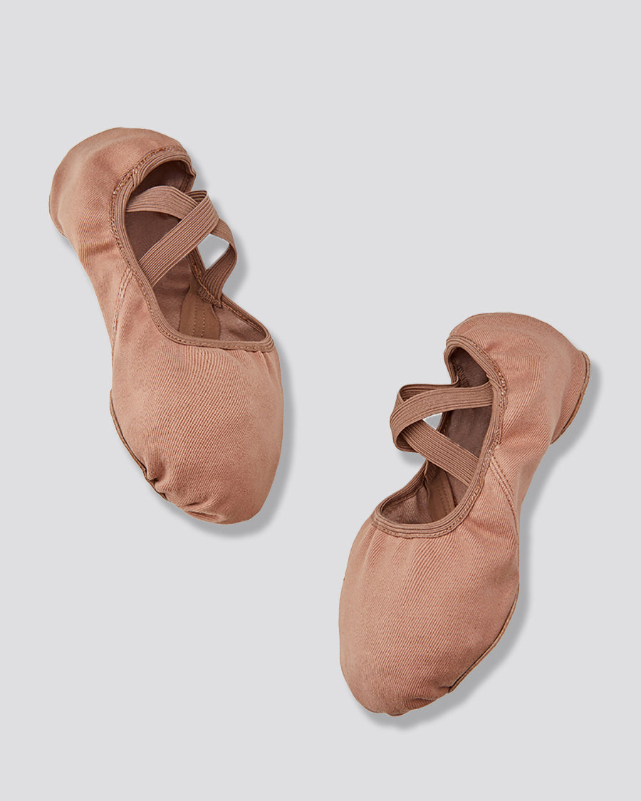 Tan split sole canvas ballet shoes side view