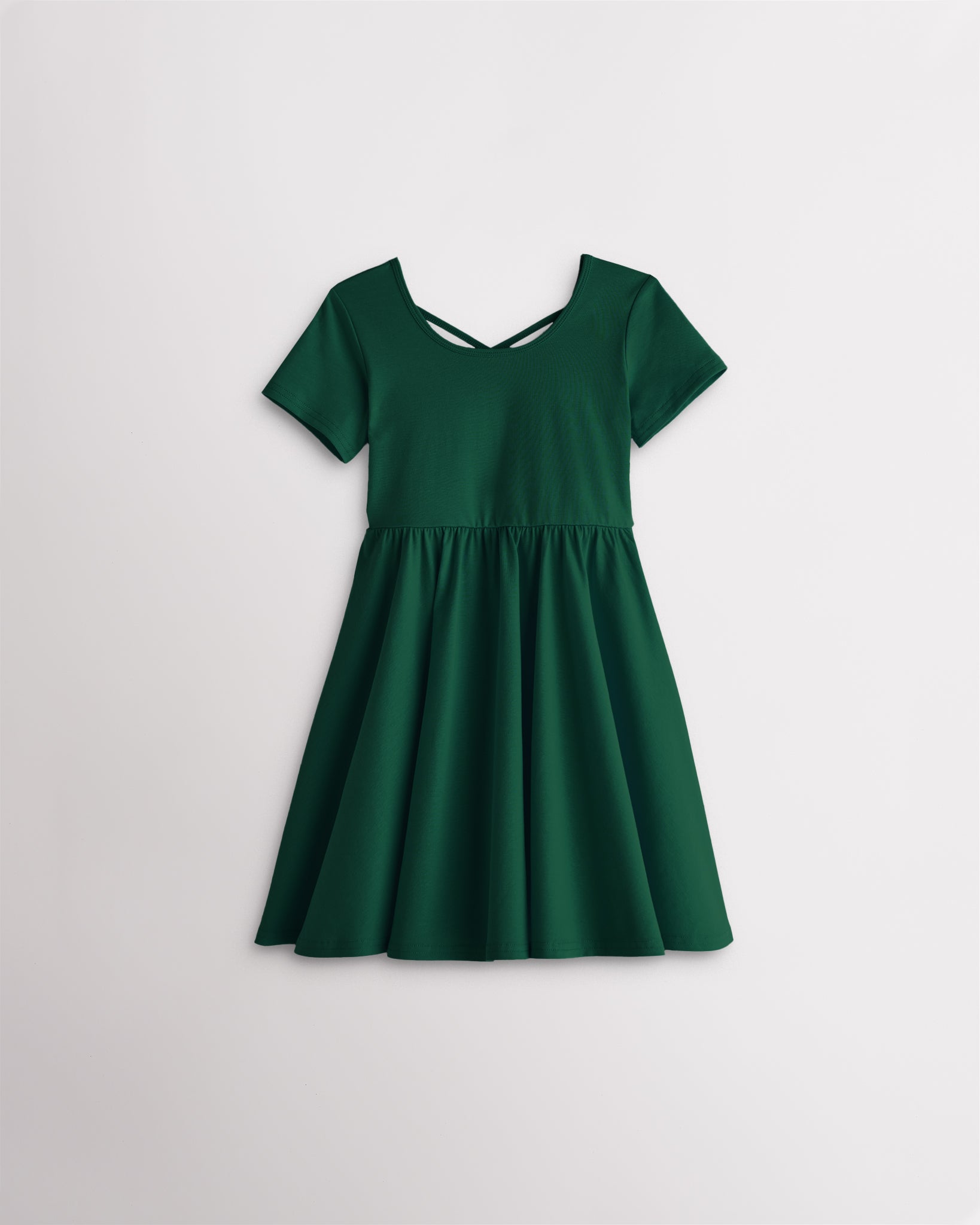 Girls evergreen short sleeve A-line twirly dress with a flared skirt.