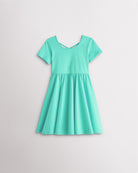 Girls mint green short sleeve A-line twirly dress with a flared skirt.