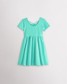 Girls mint green short sleeve A-line twirly dress with a flared skirt.