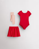 Red girls ballet starter kit laid flat with short sleeve leotard, red chiffon pull-on skirt, and ballet pink footed tights.