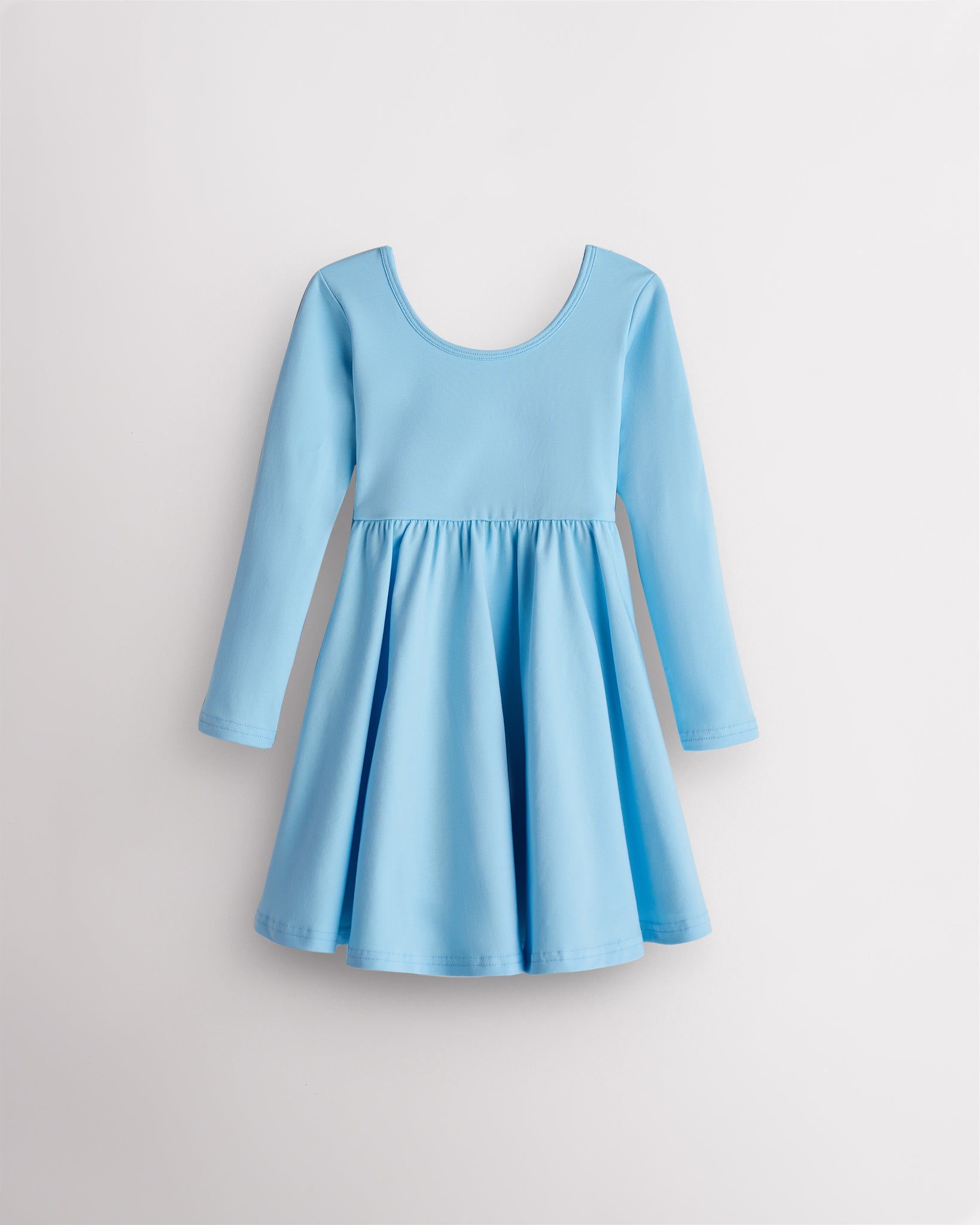 Sky blue Stelle girls long sleeve a line dress with a twirly skirt and soft stretchy fabric