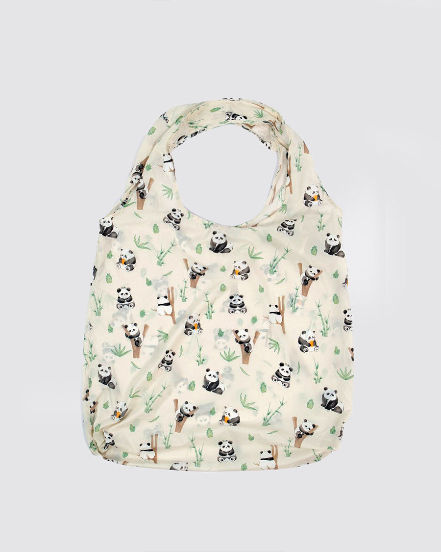 reusable tote bags panda friends flat-lay