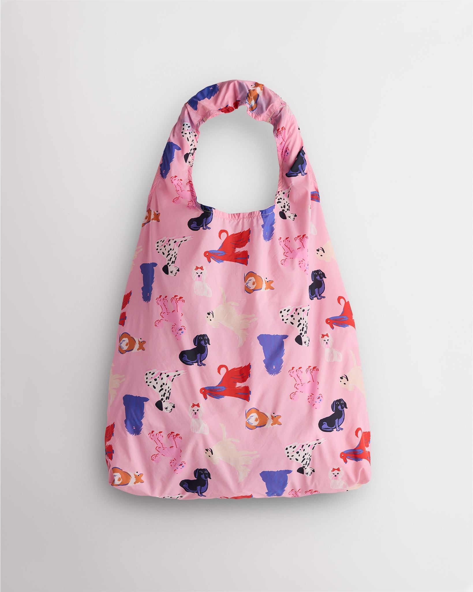 Puppy Parade on Pink Stelle reusable grocery bag with colorful puppy print, designed as reusable shopping bags for groceries and daily errands.