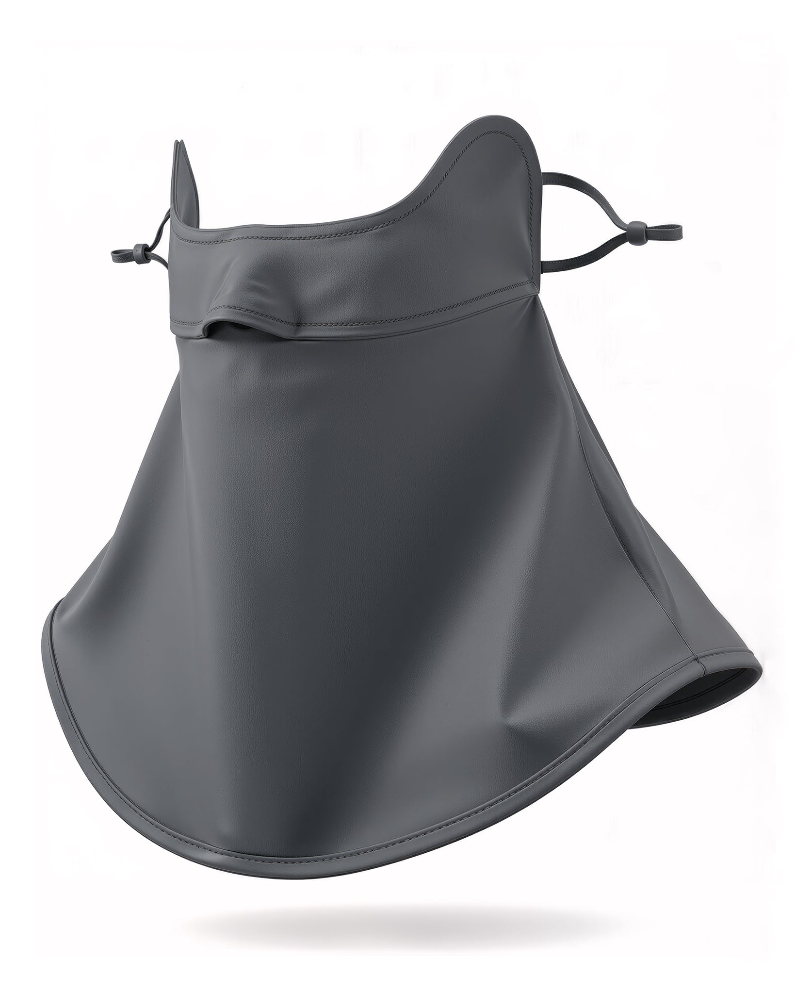 Grey UPF 50+ sun mask with full 360-degree face and neck coverage, adjustable ear loops, and flexible fit.
