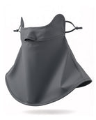 Grey UPF 50+ sun mask with full 360-degree face and neck coverage, adjustable ear loops, and flexible fit.