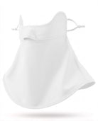 White UPF 50+ sun mask with full 360-degree face and neck coverage, adjustable ear loops, and flexible fit.