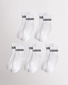 Five pairs of white Stelle kids socks with black sporty stripes and lettuce-edge cuffs