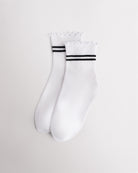White Stelle Kids Lettuce-Edge Stripes Socks with black stripes, ribbed cuffs, and ruffle trim