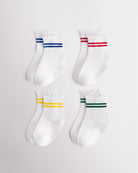 Four pairs of white kids socks with blue, red, yellow, and green sporty stripes and lettuce-edge ruffle cuffs