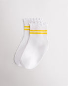 White kids socks with yellow sporty stripes, ribbed cuffs, and lettuce-edge ruffle trim