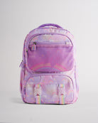 Front view of lavender backpack for kids with rainbow pattern, mesh pocket, buckle straps, and multiple zipper pockets.