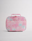 Matching pink Stelle kids lunch bag with rainbow print, top handle, zipper closure, and soft-sided design.