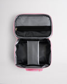 Open Stelle kids lunch bag showing insulated interior, zipper mesh pocket, and roomy storage for school meals.