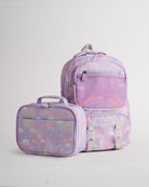 Lavender Stelle kids backpack with matching lunch bag, rainbow print, front mesh pocket, and zipper compartments.