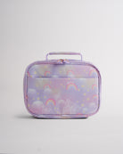 Matching lavender Stelle kids lunch bag with rainbow print, top handle, zipper closure, and soft-sided design.