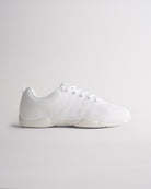 White womens cheer shoes with breathable knit upper and flexible sole for training