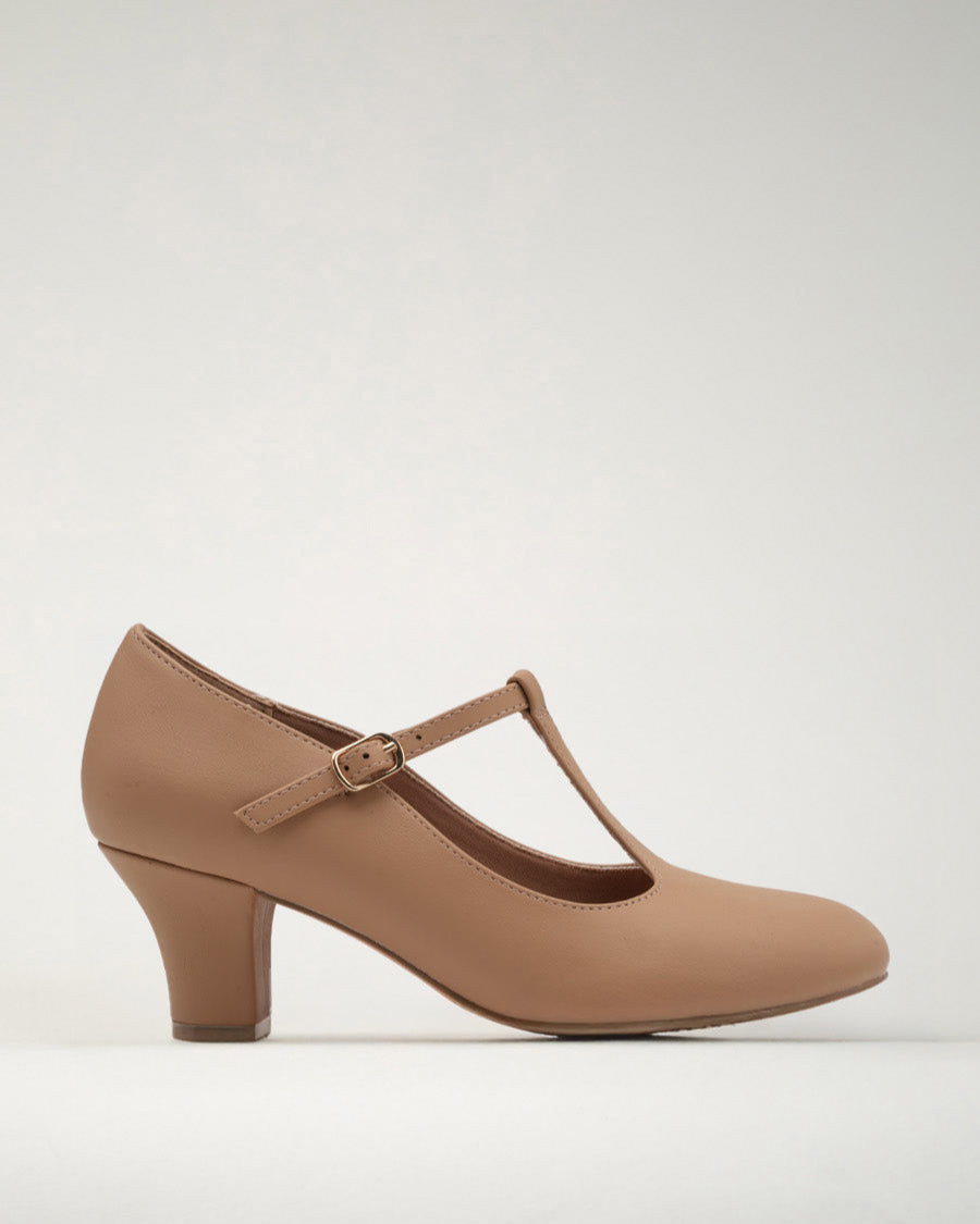 Tan T-Strap Character Shoes with 2.5" Heel - View 1
