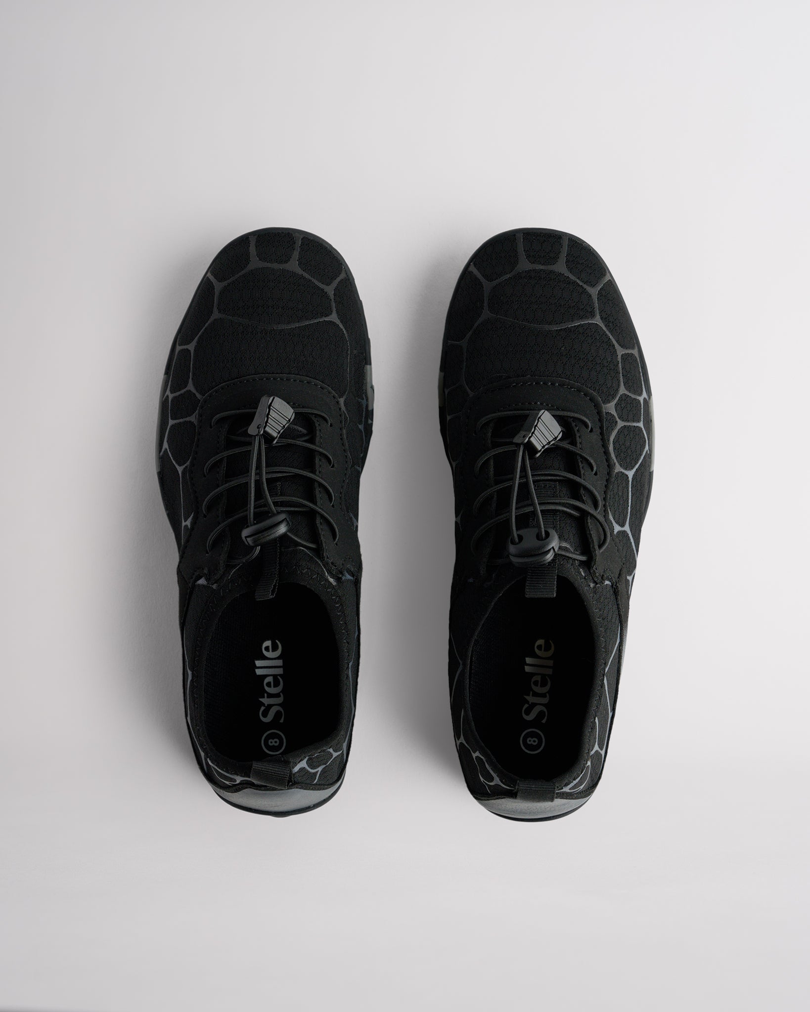 Top view of black water shoes for women with adjustable speed laces and roomy toe box