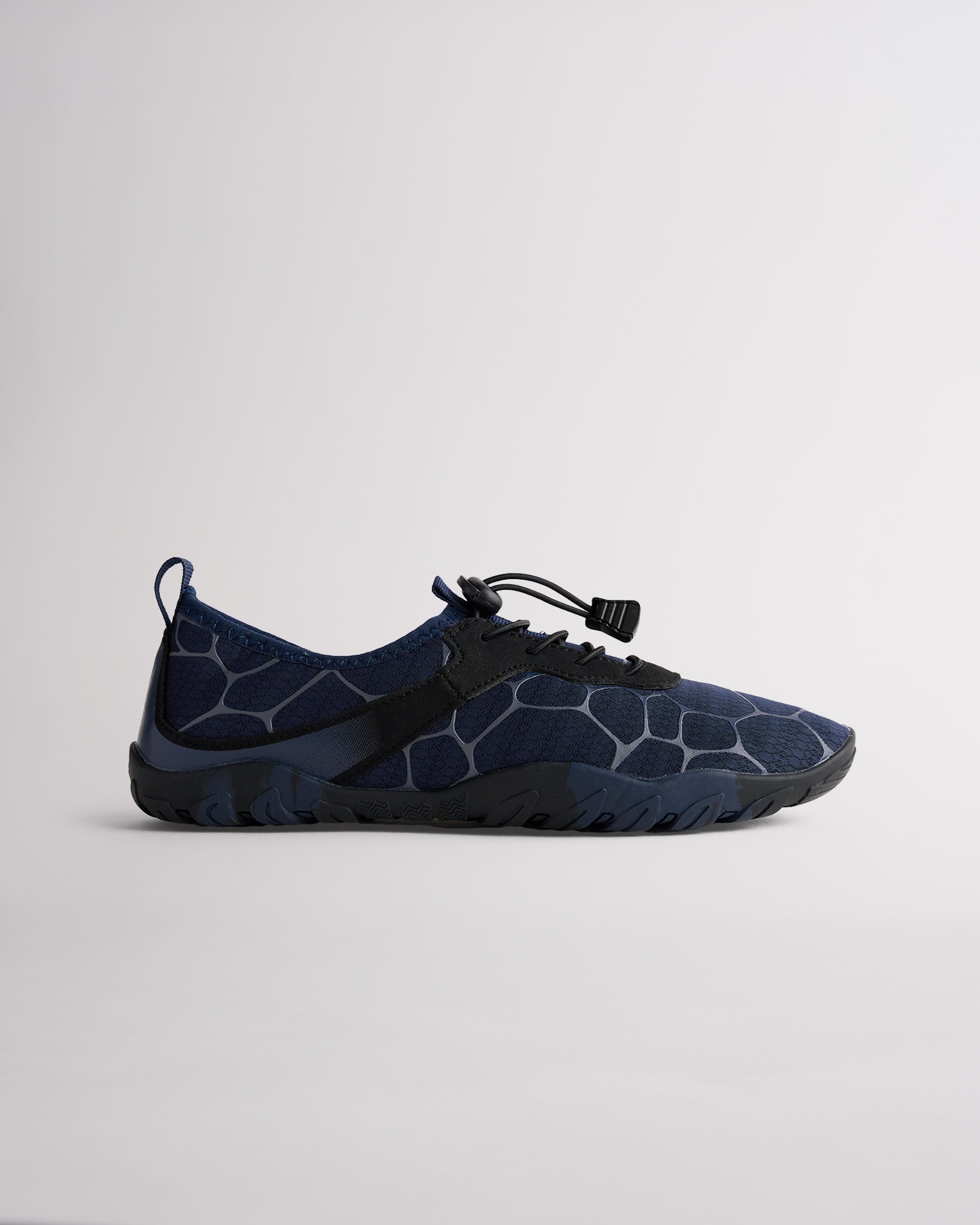 Blue women’s water shoes with mesh upper and speed lace system, side profile view