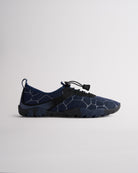 Blue women’s water shoes with mesh upper and speed lace system, side profile view