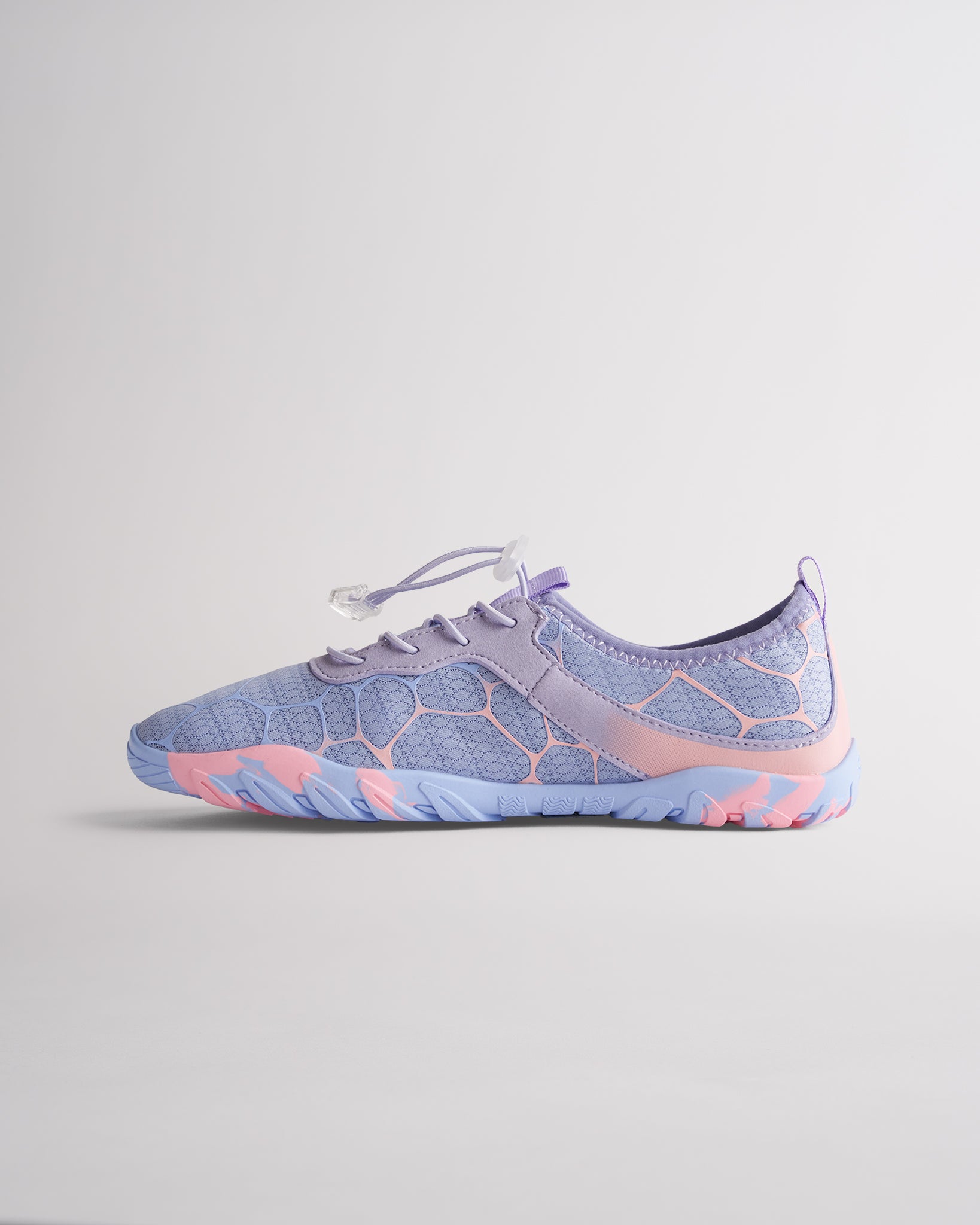 Angled view of periwinkle womens water shoes showing breathable mesh and flexible sole