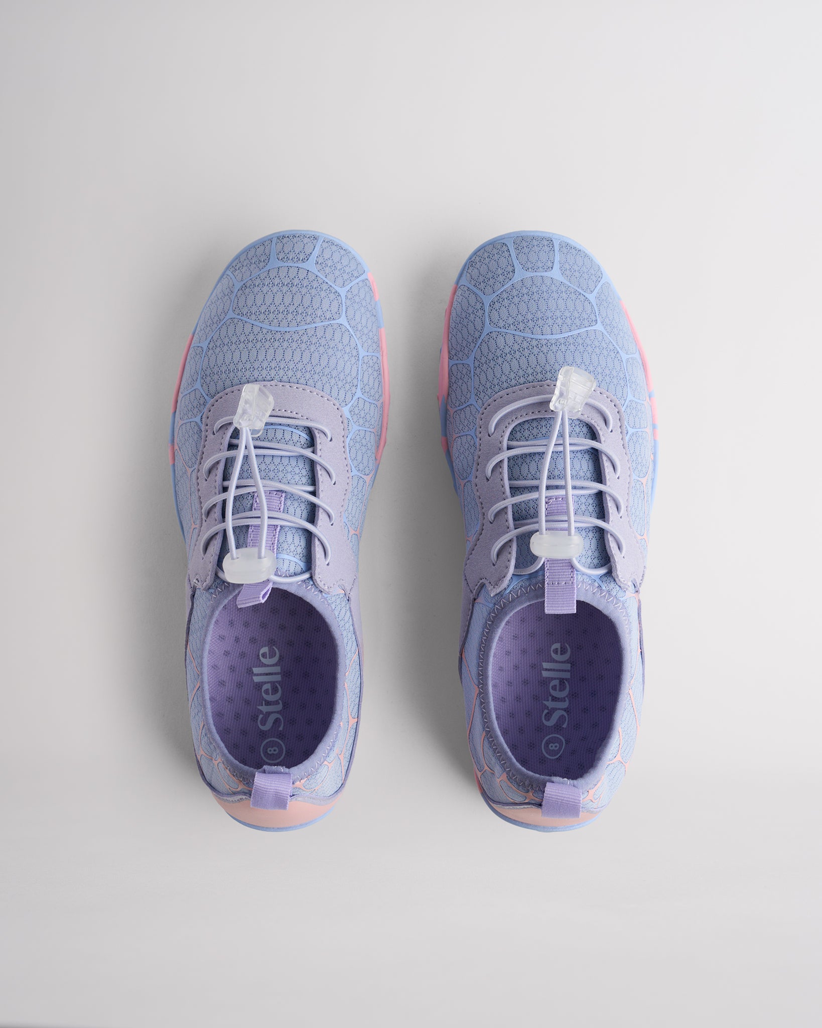 Top view of periwinkle water shoes for women with adjustable speed laces and roomy toe box