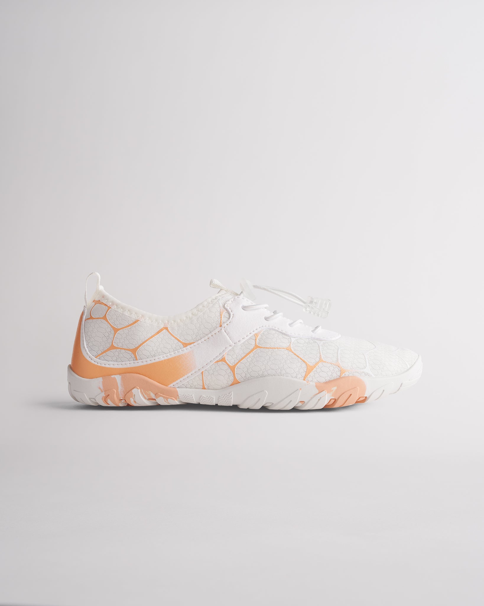 White women’s water shoes with mesh upper and speed lace system, side profile view