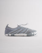 Grey women’s water shoes with mesh upper and speed lace system, side profile