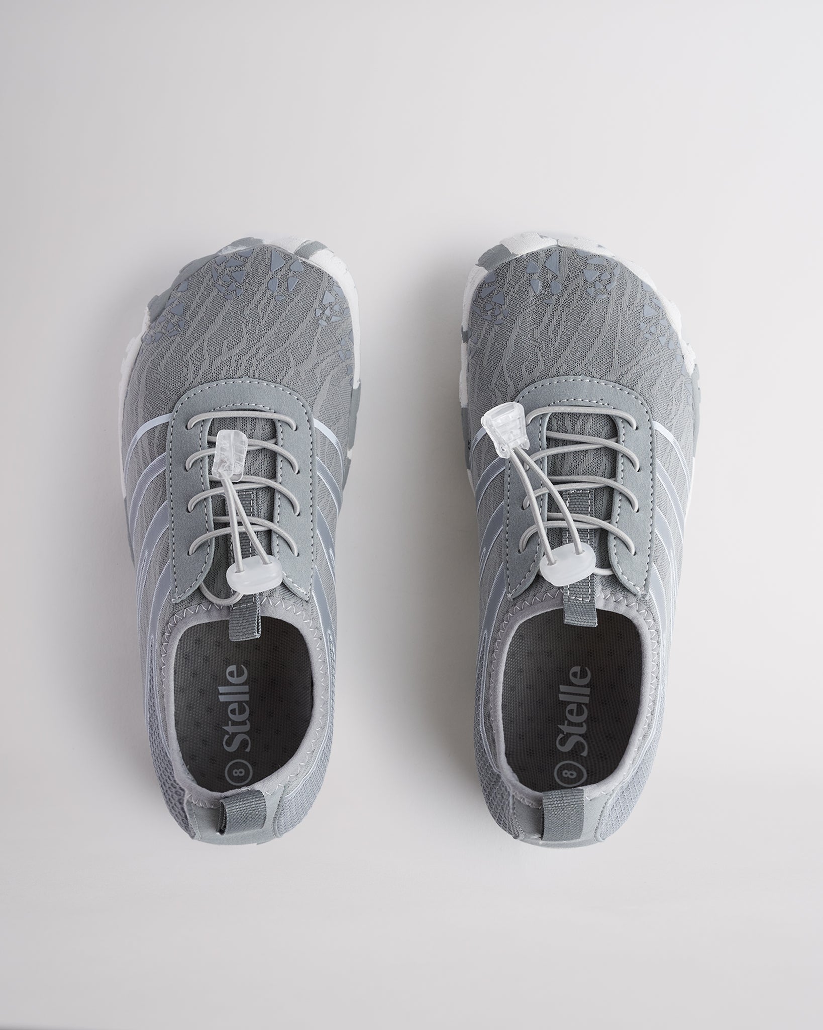 Top view of grey water shoes for women with secure speed laces and flexible fit
