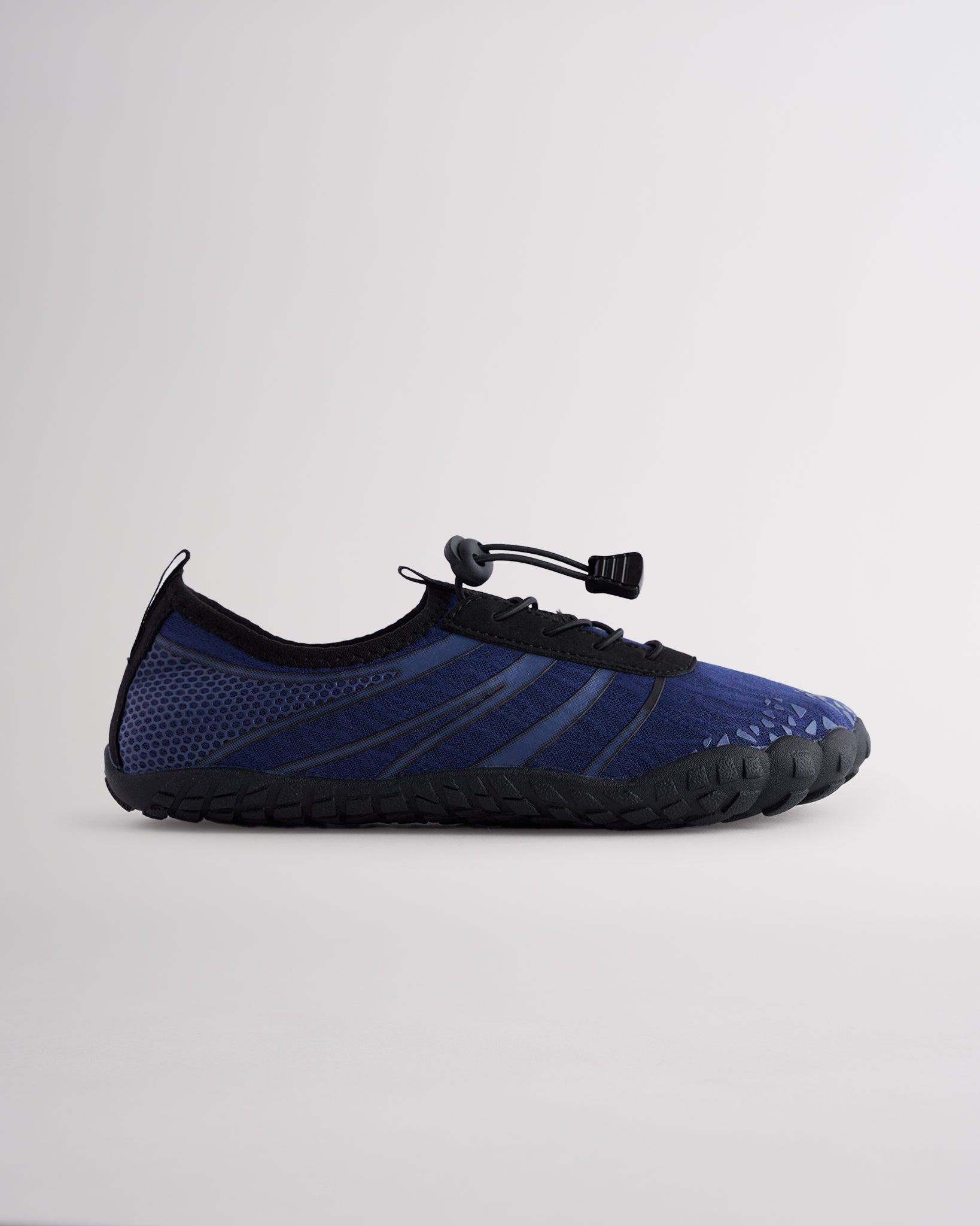 Navy women’s water shoes with mesh upper and speed lace system, side profile