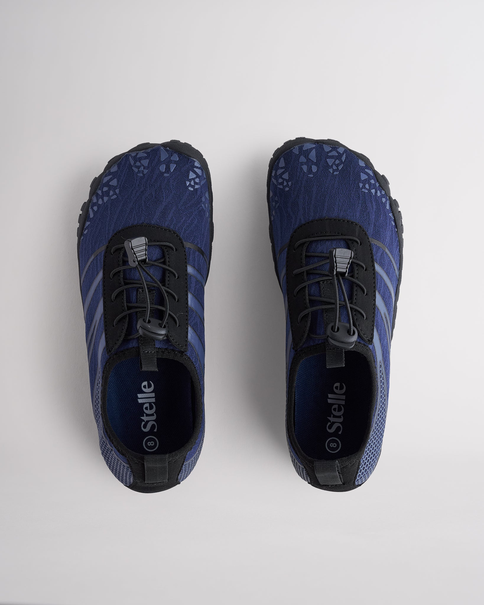 Top view of navy water shoes for women with secure speed laces and flexible fit