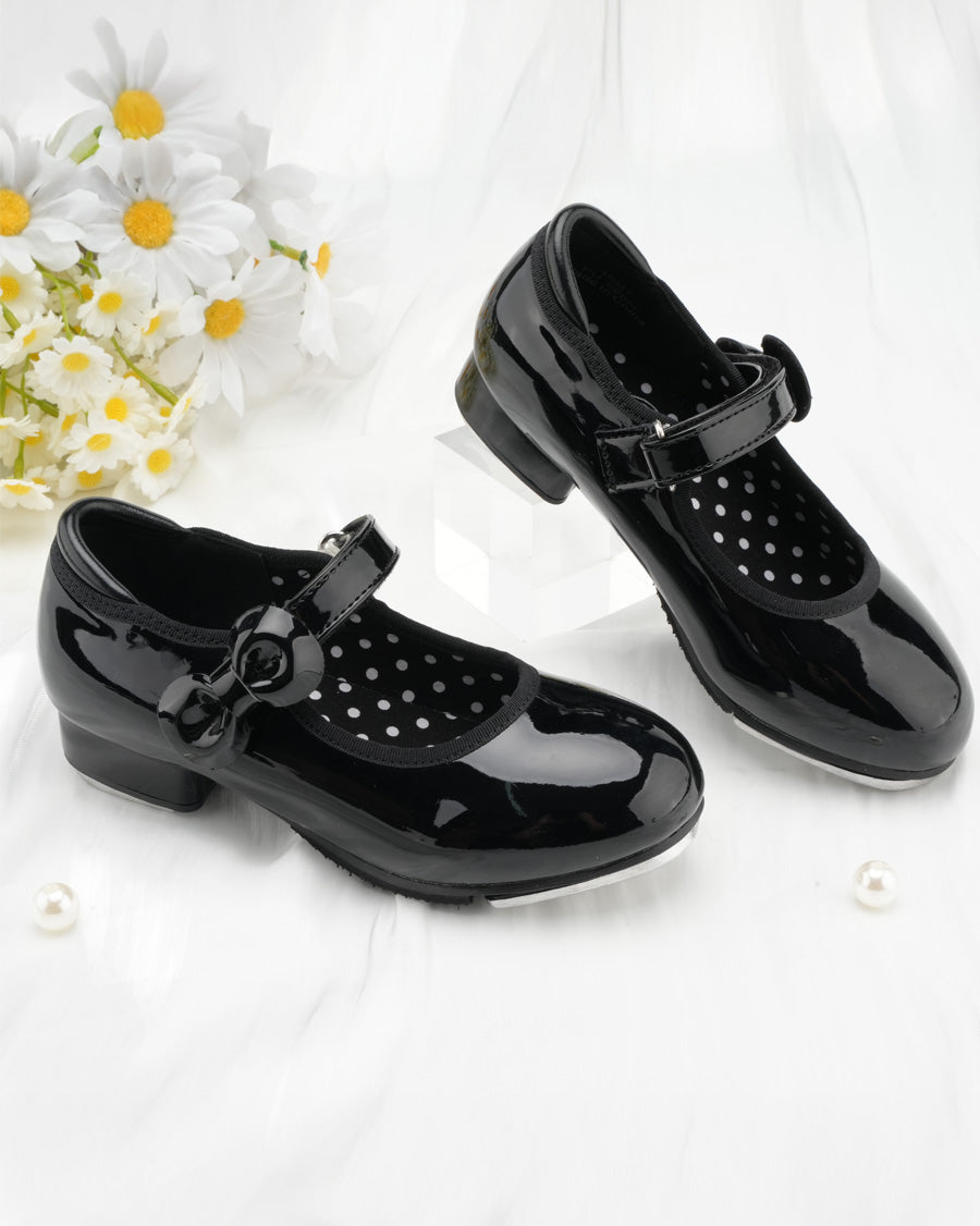 Black Kids Adjustable Strap Tap Shoes with Bow Embellishment