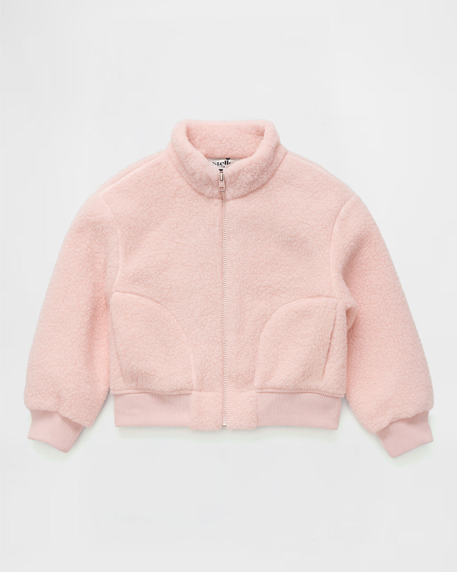 Pink fleece jacket on a light gray background