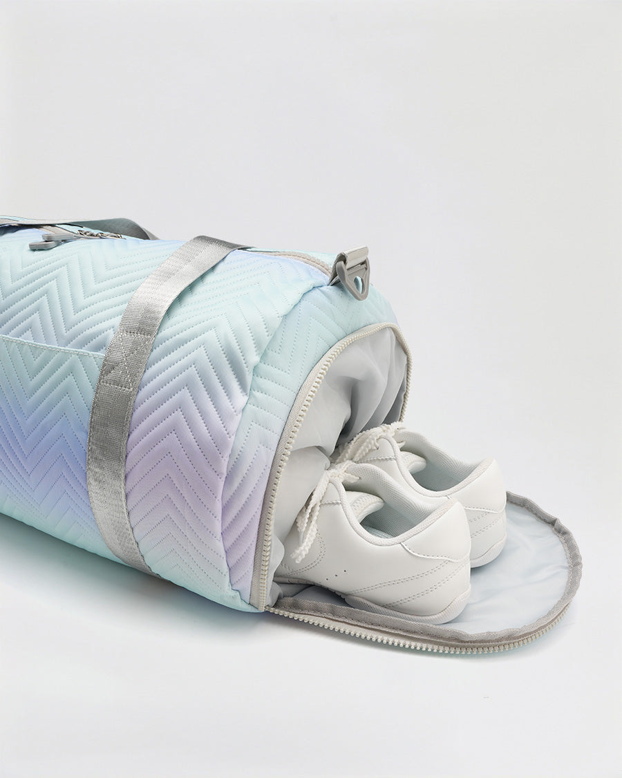Foldable shoe bag with a gradient design on a light gray background