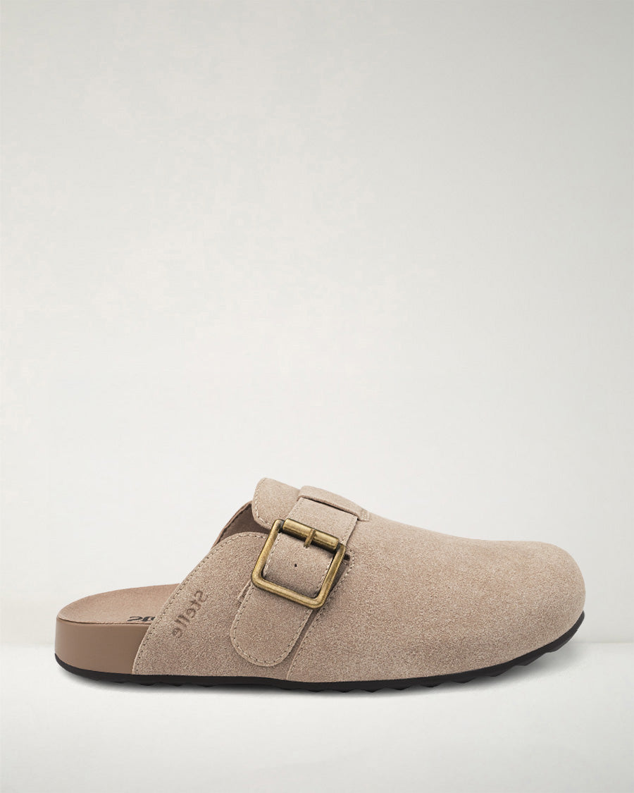 Square Buckle Suede Clogs in Taupe | Stelle