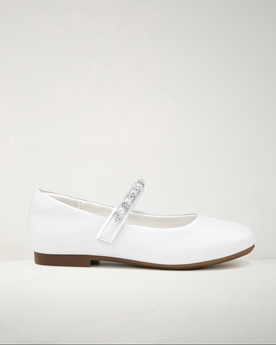White Girls Dress Shoes | Ballet Flats with Beaded Straps