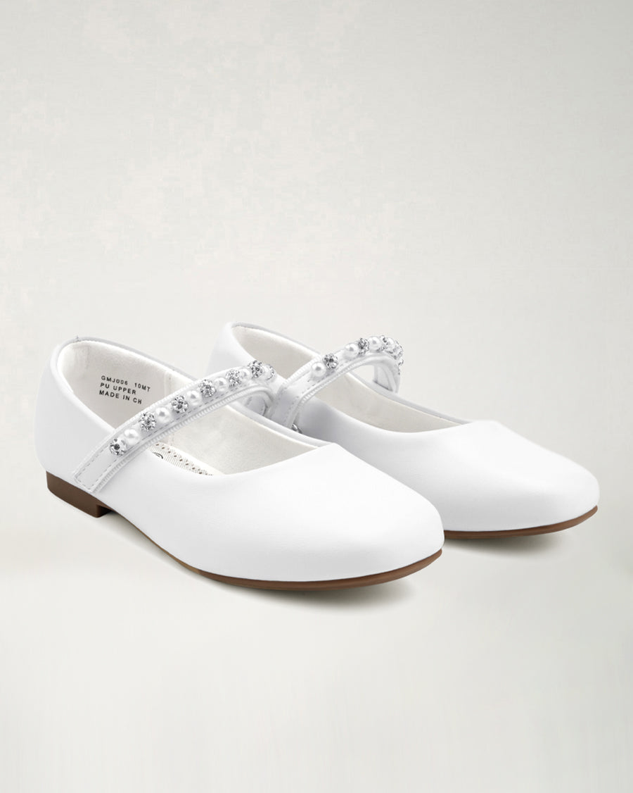 White Girls Dress Shoes | Ballet Flats with Beaded Straps