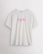 White Stelle oversized T-shirt with a pink Stelle logo on the chest, laid flat on a grey background.