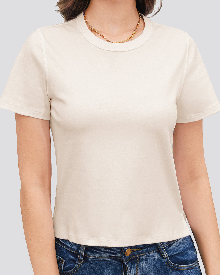 White Beige Cotton T-Shirt - View 1