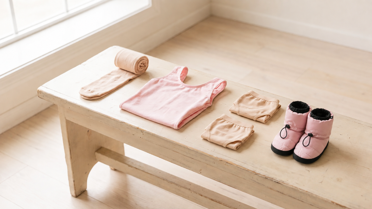 Kids ballet tights, a pink camisole leotard, seamless briefs, and warm booties laid out on a studio bench