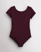 Cherry short-sleeve leotard for women with scoop neckline, low scoop back, fitted silhouette, and 4-way stretch fabric for ballet.