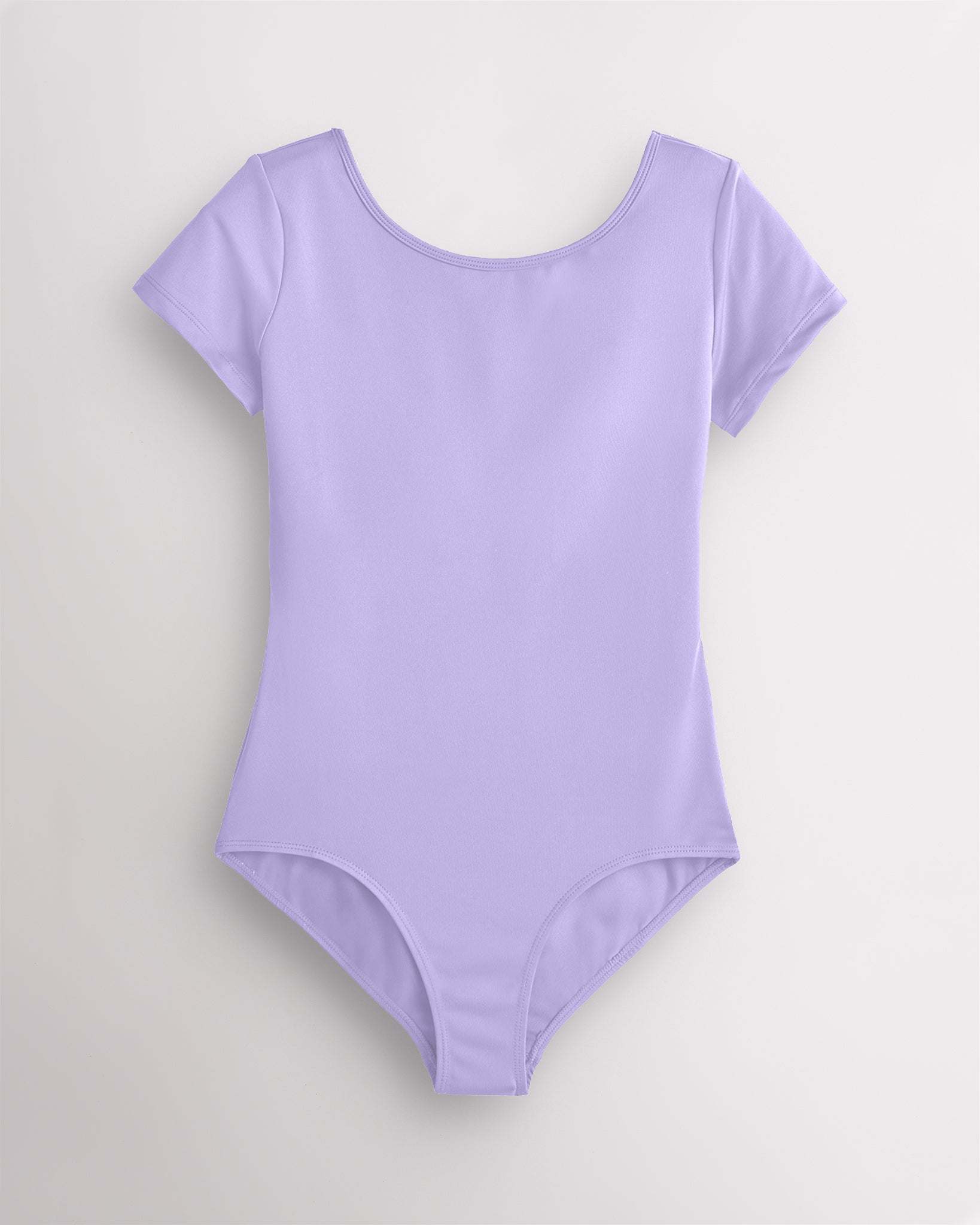 Lavender short-sleeve leotard for women with scoop neckline, low scoop back, fitted silhouette, and 4-way stretch fabric for ballet.